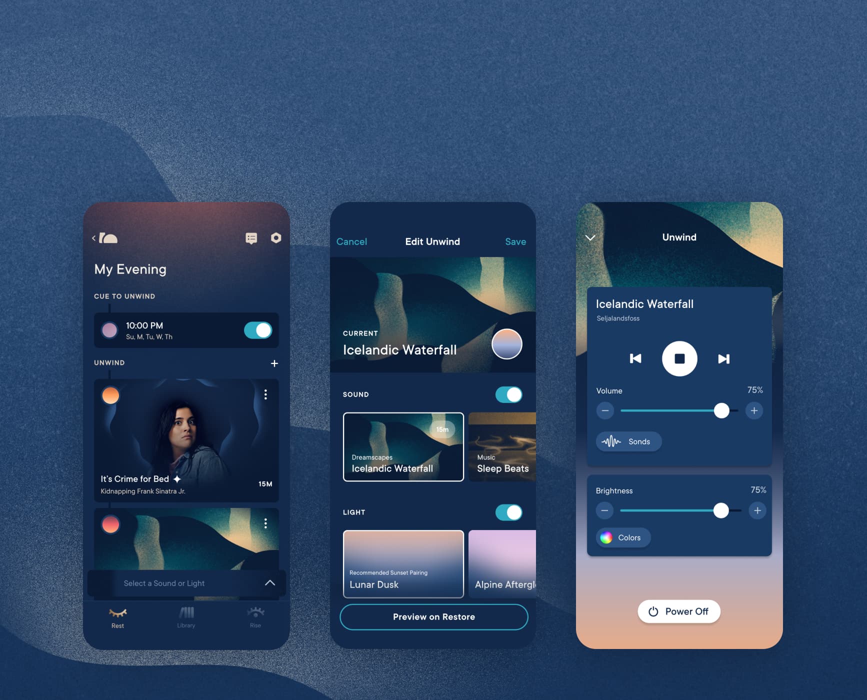 My Evening screen on Hatch Sleep app showcasing Icelandic Waterfall sounds