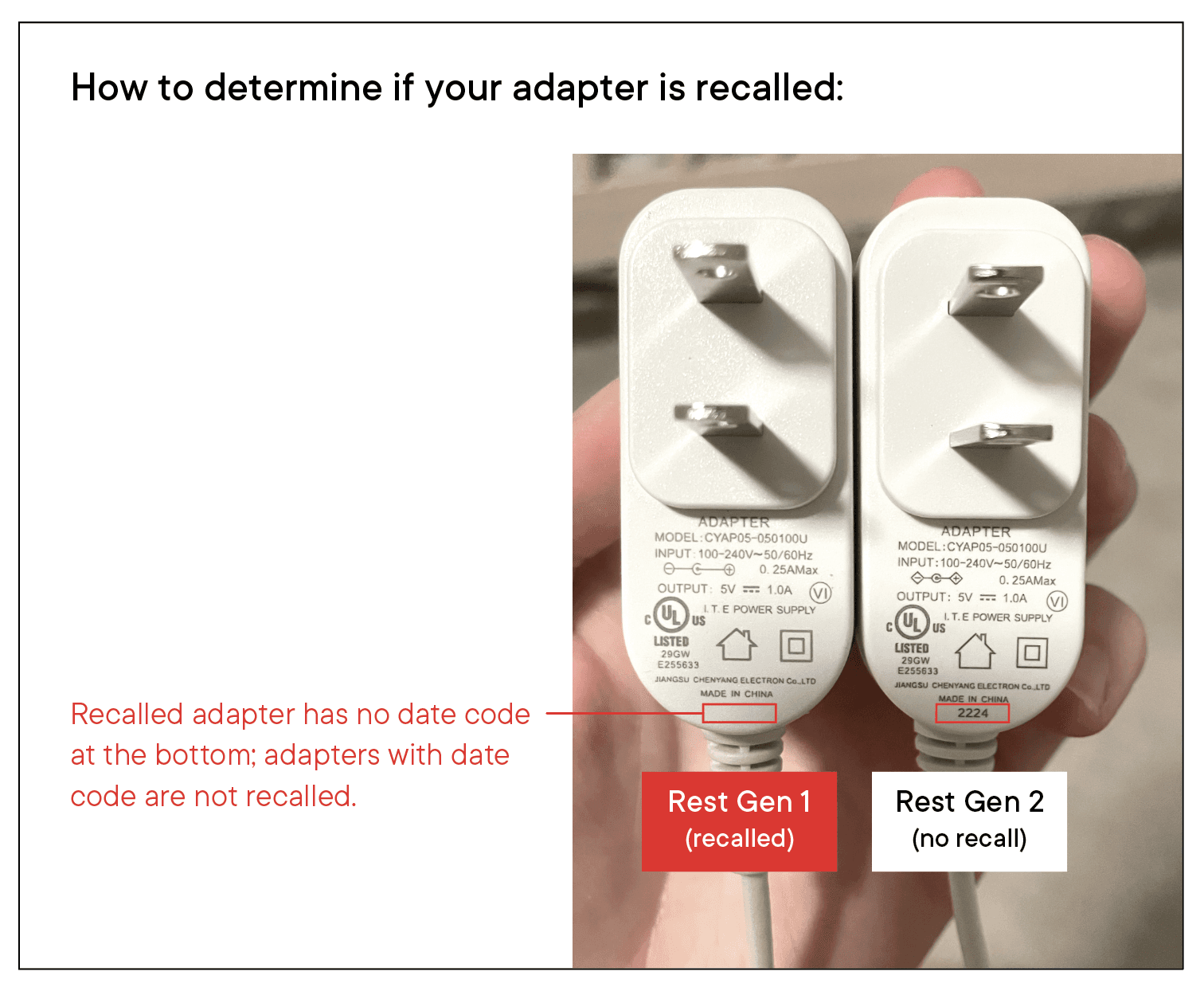 Comparison of recalled Rest adapter and non-recalled Rest 2nd gen adapter, recalled adapter has a four digit date code under the "Made in China" print