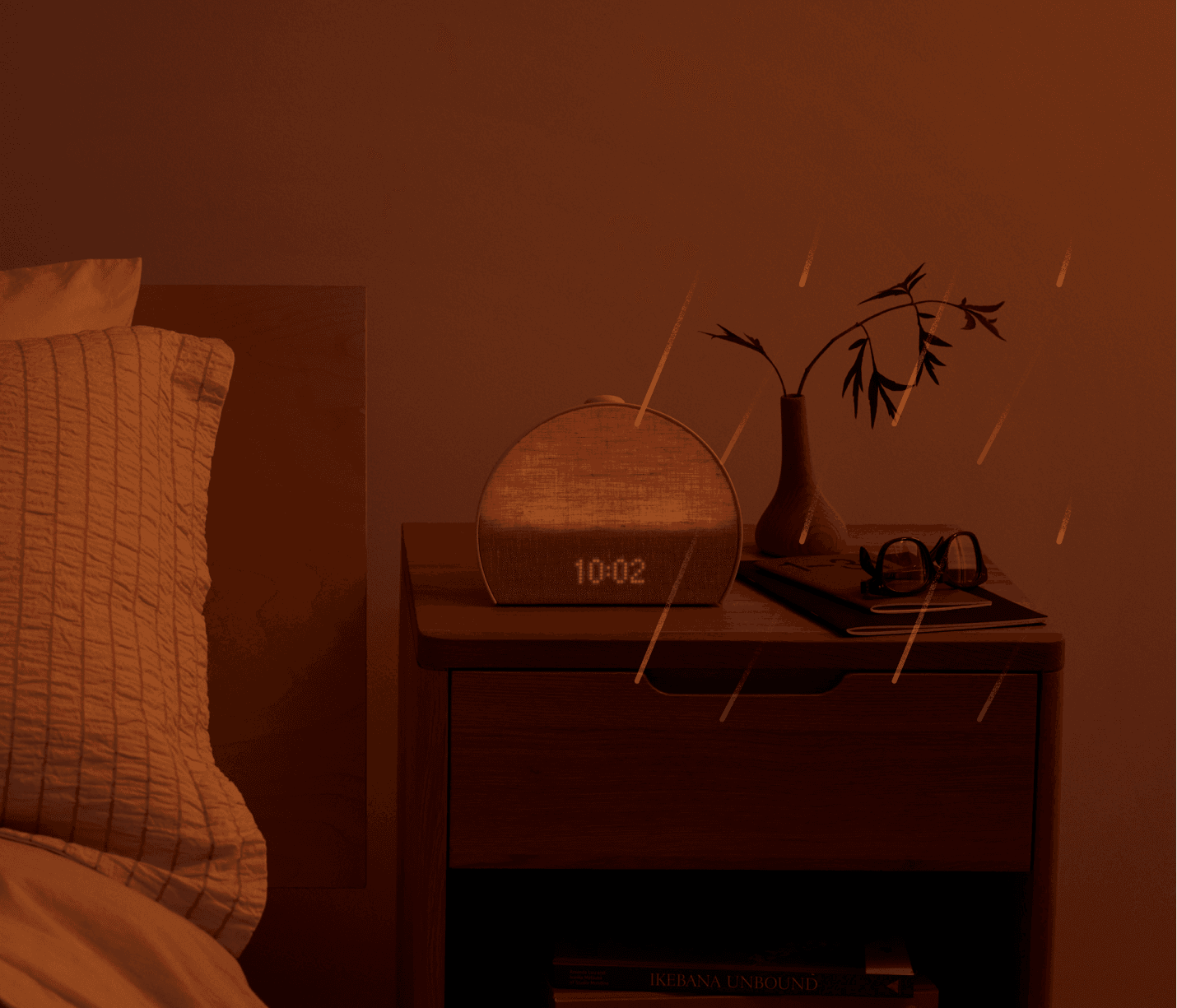 Restore 3 on a nightstand in the night with rain effects surrounding it
