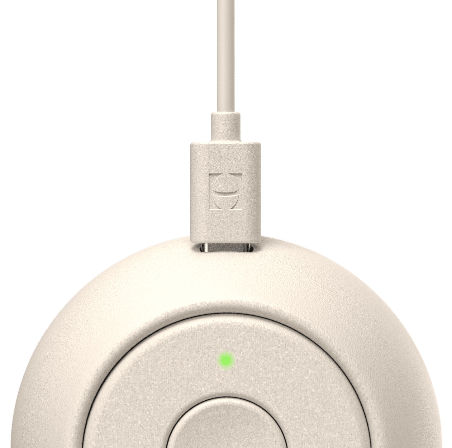 Closeup of Hatch Go putty colorway with included charging cable plugged in