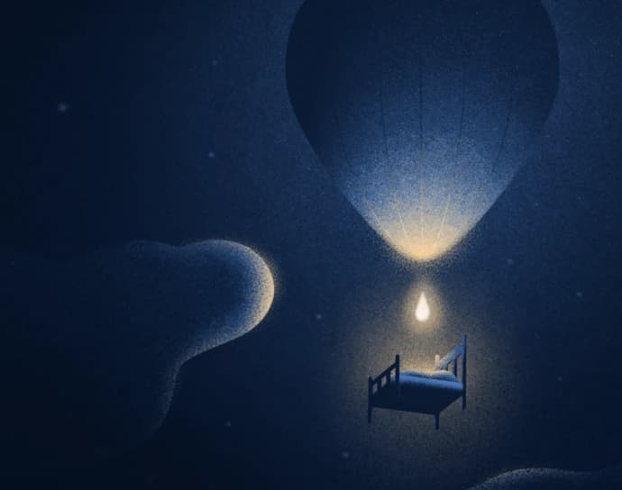 Stylized illustration of a bed floating through the night sky