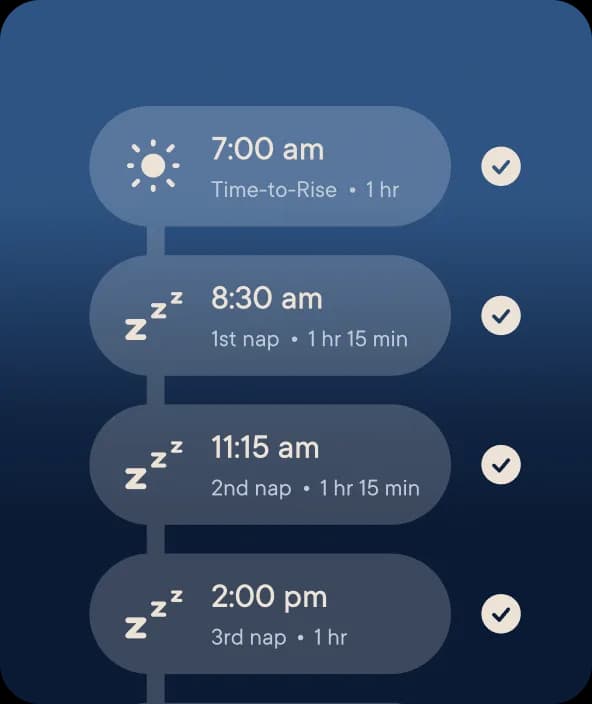 The Hatch app showing a baby’s daily nap and Time-to-Rise schedule