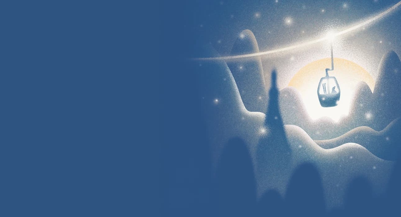 Stylized illustration of a ski lift going through the mountains